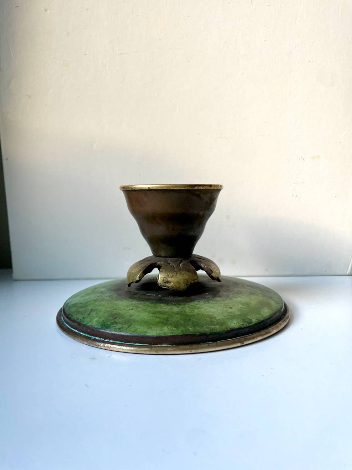 Scandinavian ART DECO candle holder in Bronze with verdigris patina