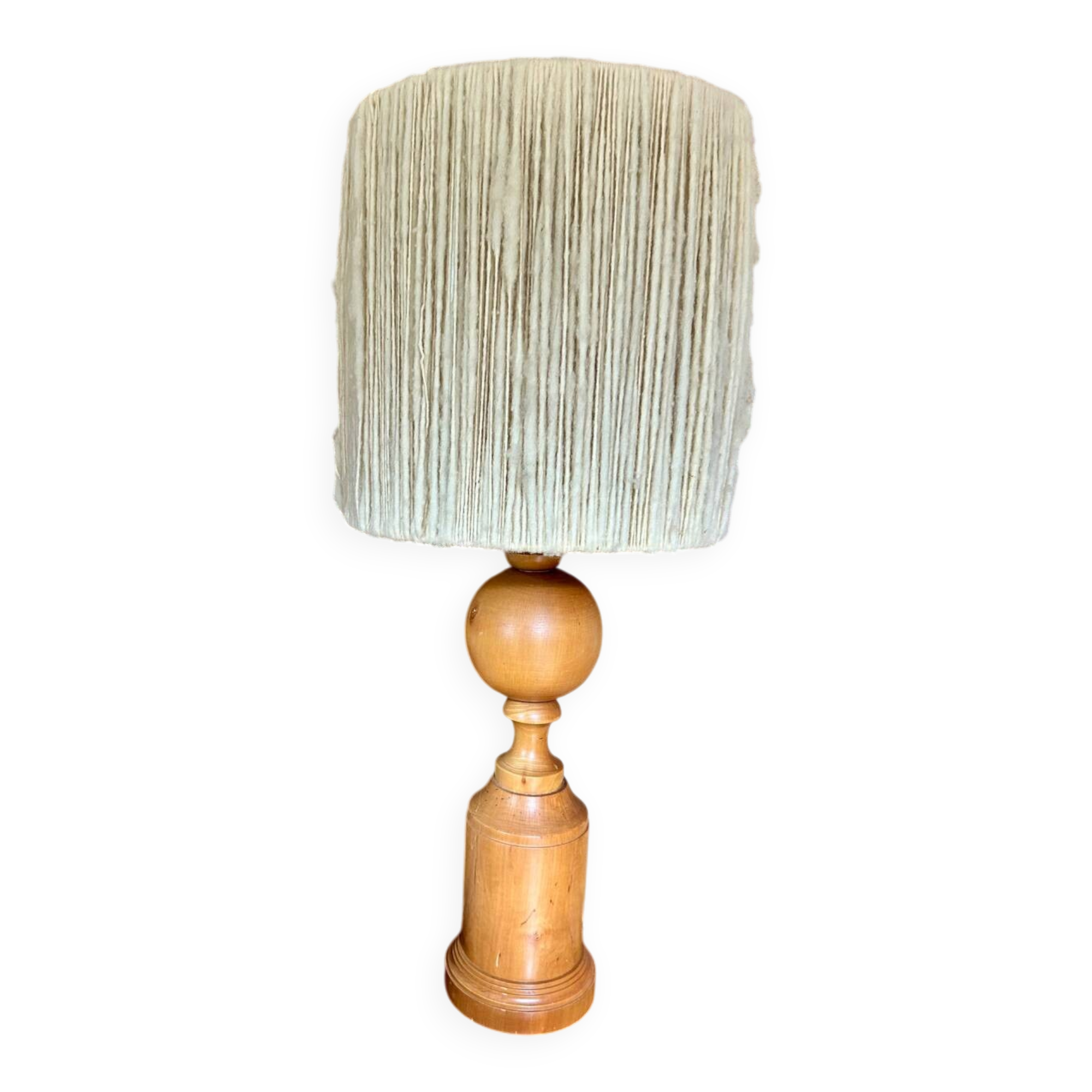 Turned wood base lamp with spun lampshade