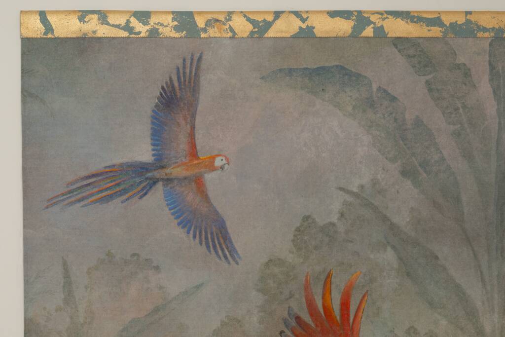 Painted canvas featuring three parrots in a tropical forest. Contemporary.