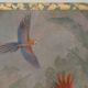 Painted canvas featuring three parrots in a tropical forest. Contemporary.