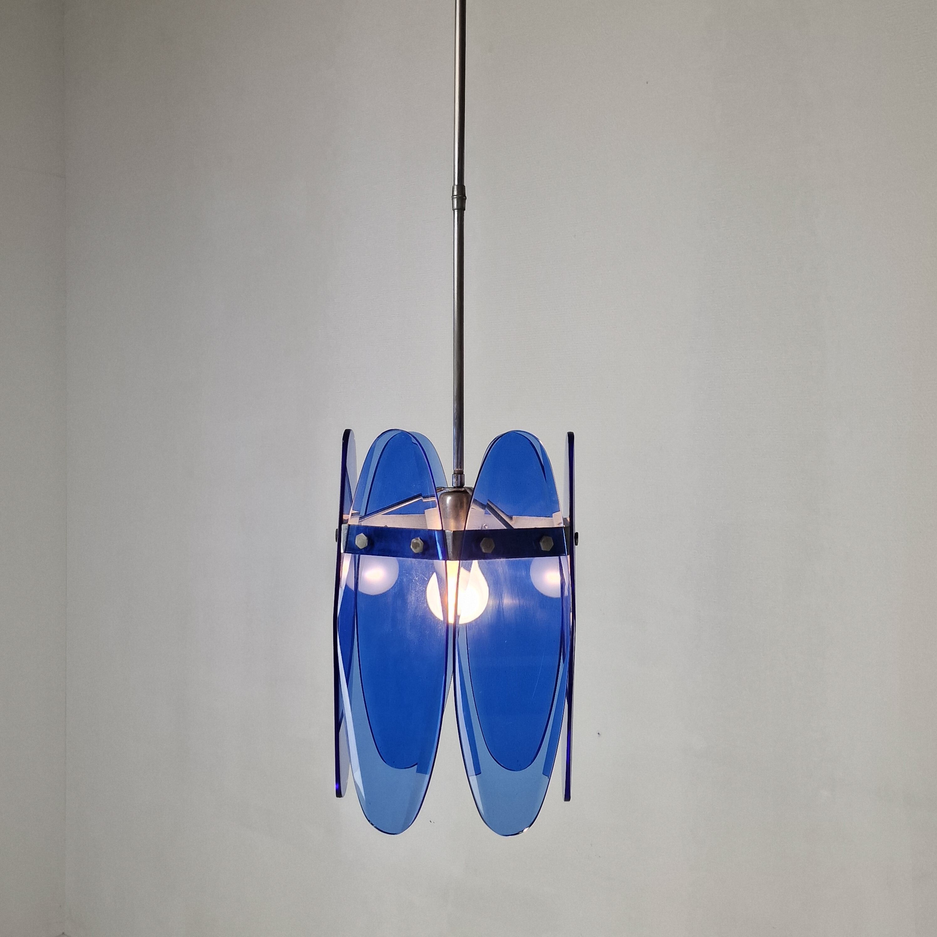 Blue Glass Chandelier or Pendant by Veca, Italy 1970's