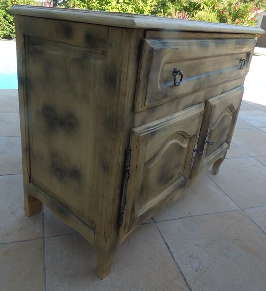 Low cabinet with two doors, a large drawer and its top which lifts up in solid wood