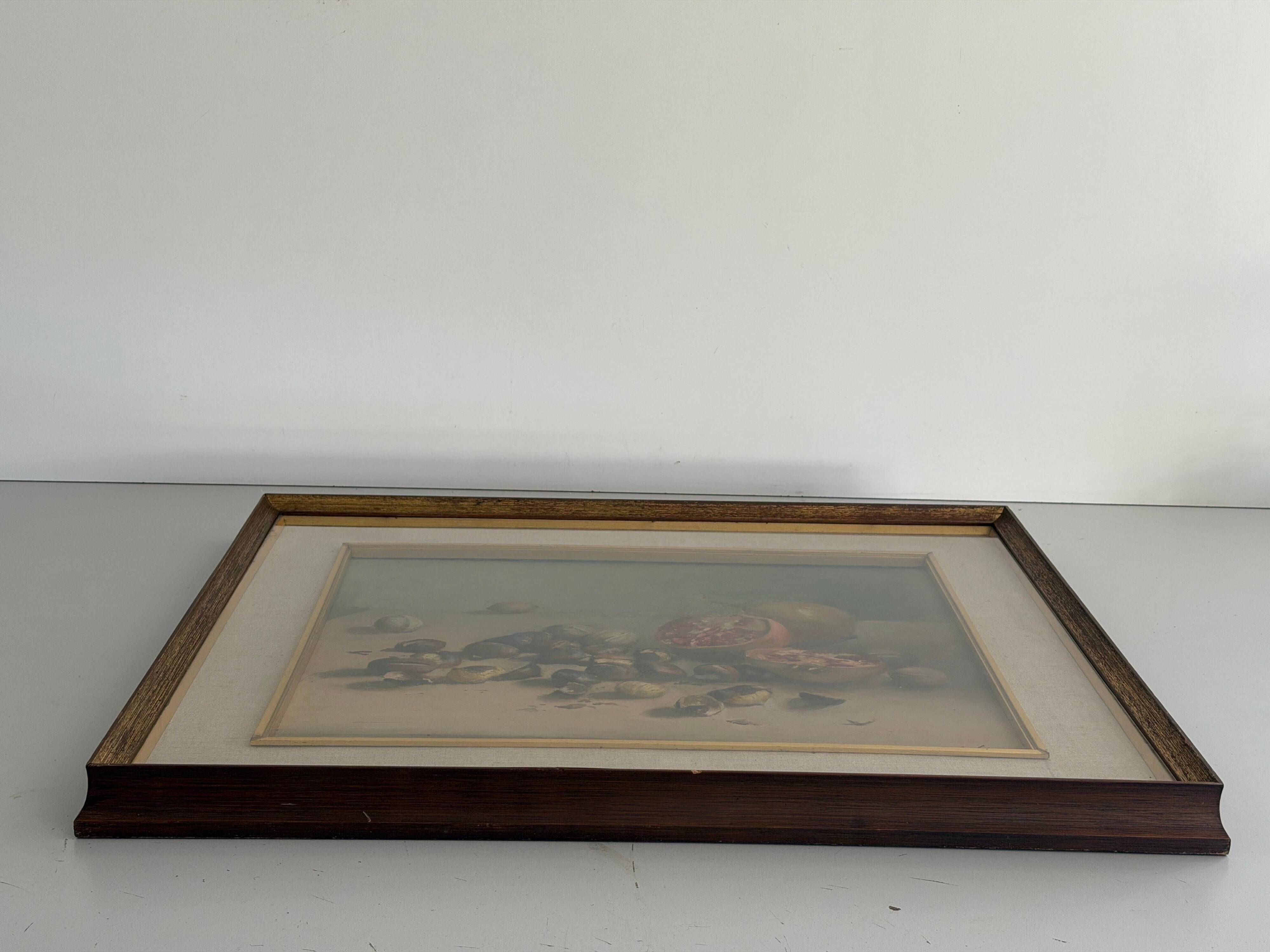 Still life with pomegranates and walnuts Oil painting on canvas signed, 1967, Italy