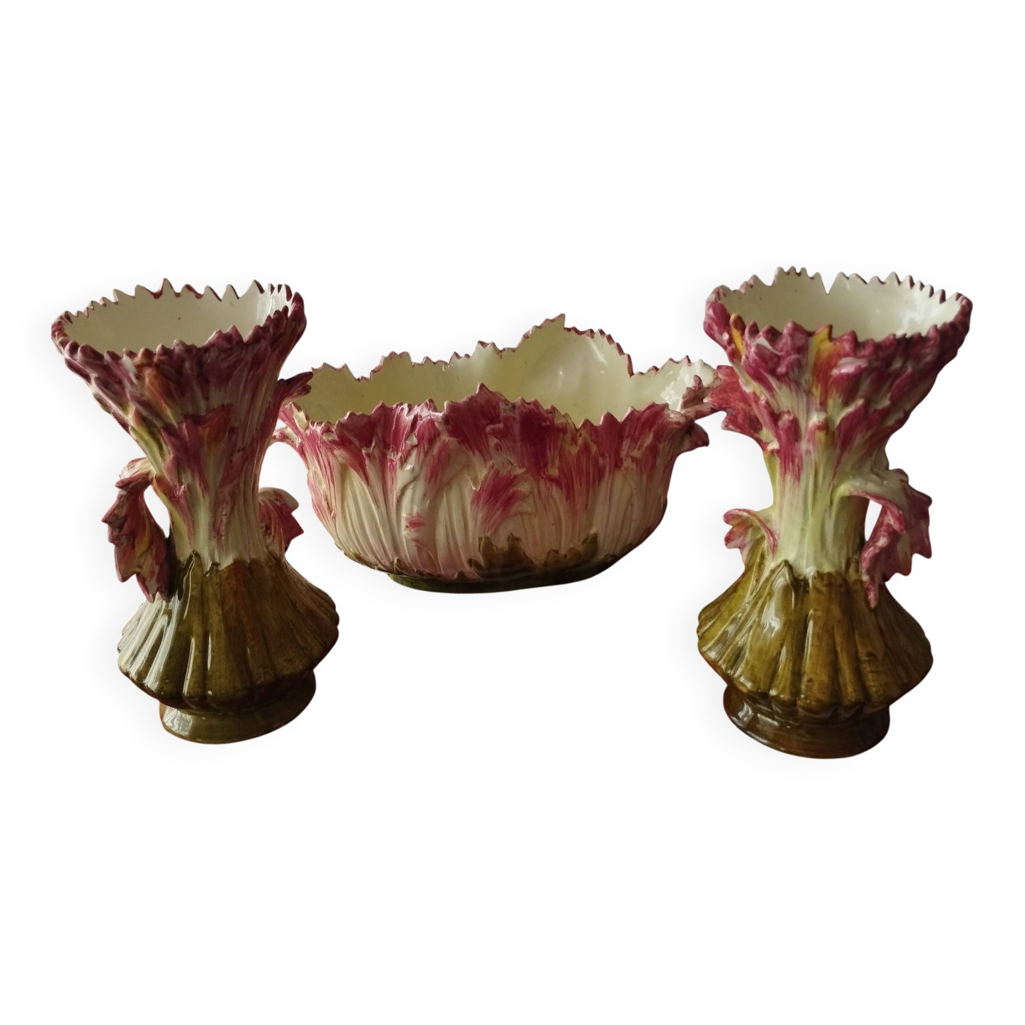 Jardinière et ses 2 vases en barbotine Delphin Massier de Vallauris