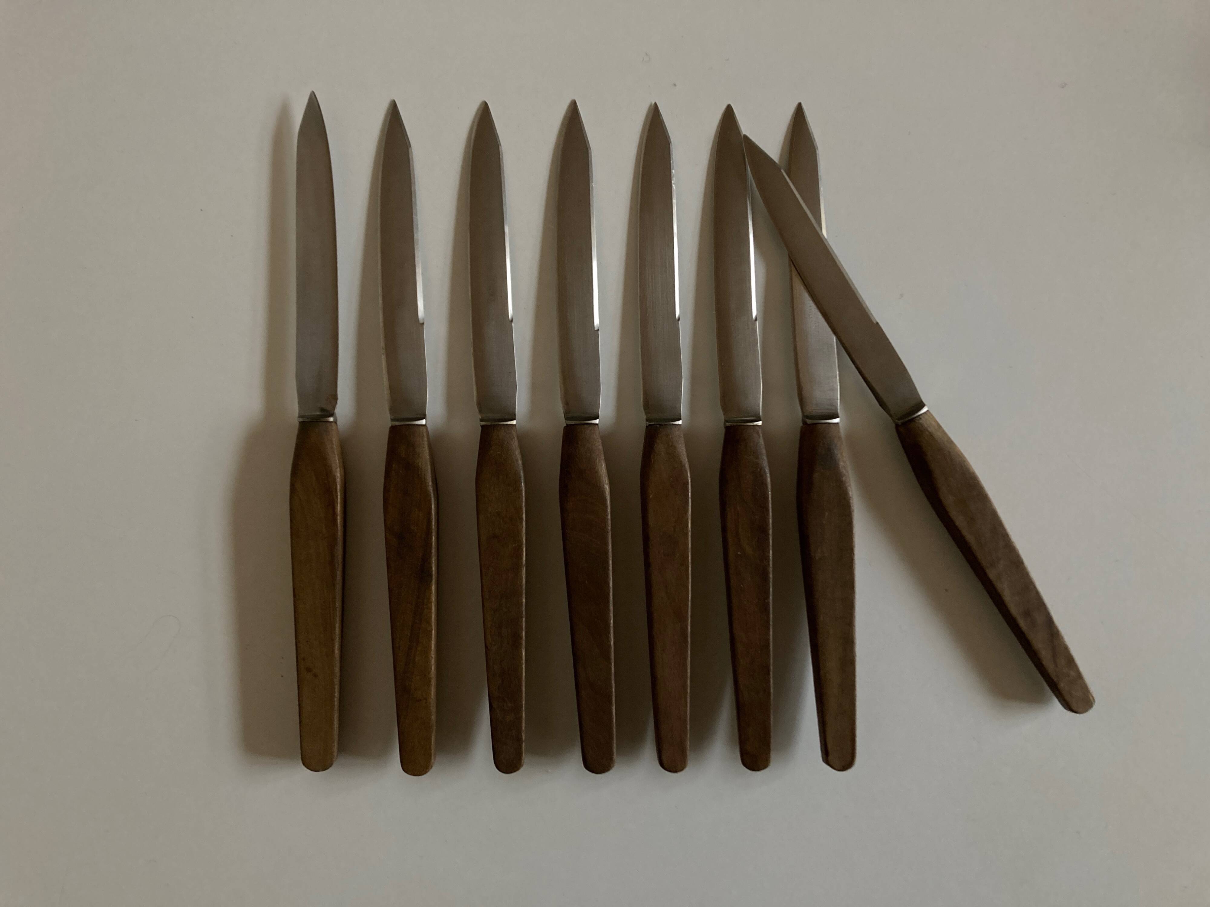 Set of 8 Scandinavian table knives 1960 wooden handle