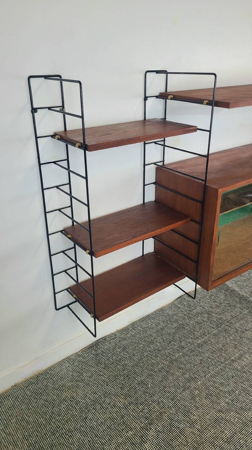 Bibliothèque murale suspendue étagères scandinave vintage teck 1960