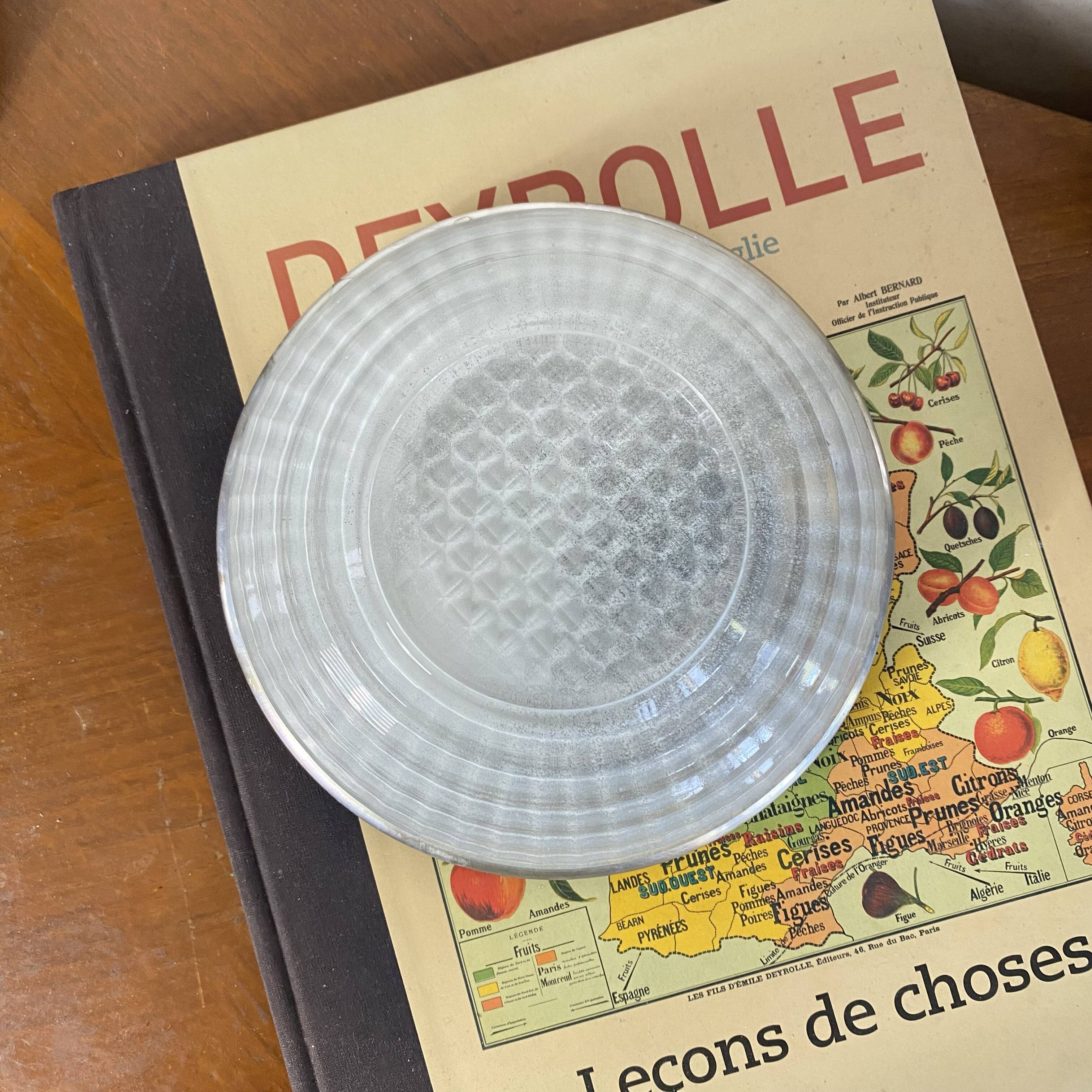 Small round ceiling light fixture in glass and aluminium, vintage design.