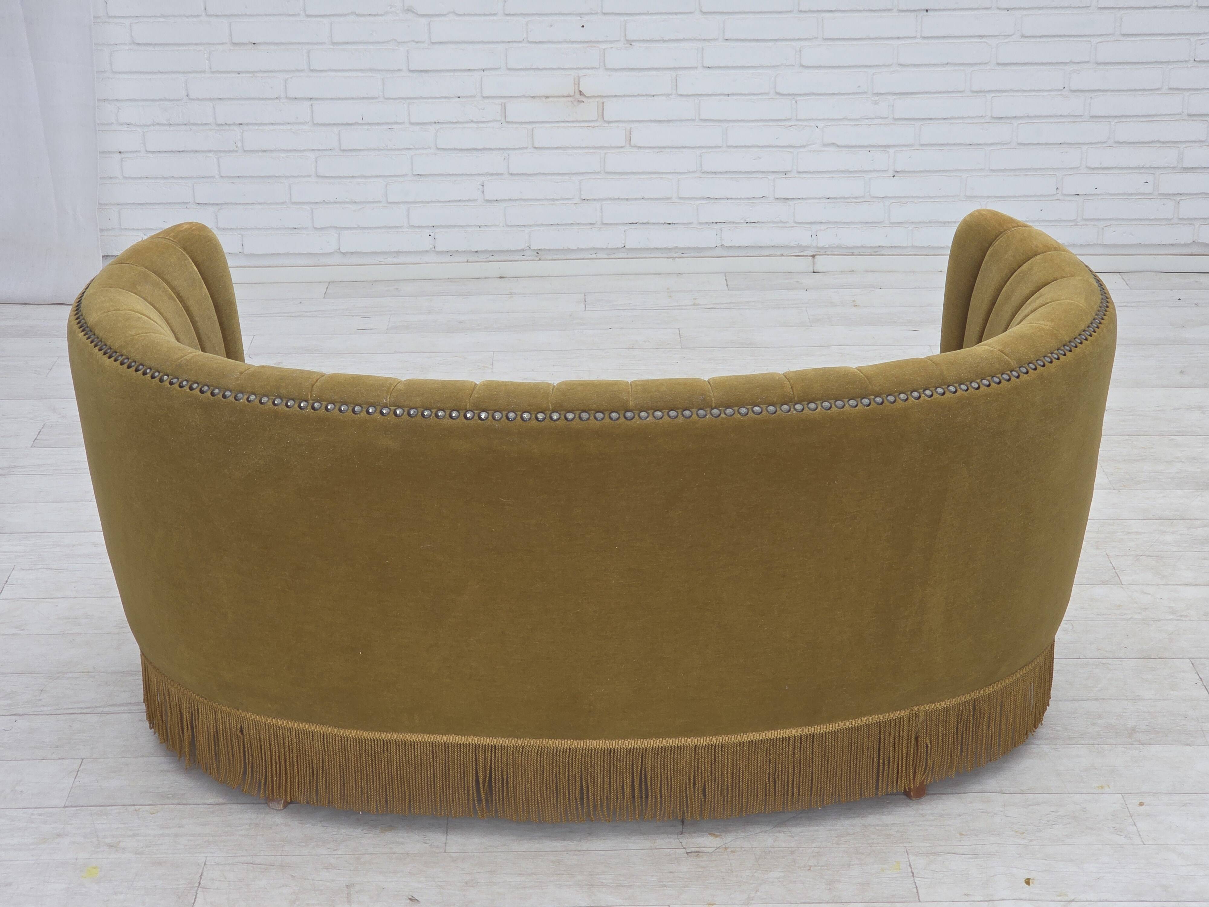 1970s, Danish 2-seater "Banana" sofa, green furniture velour.