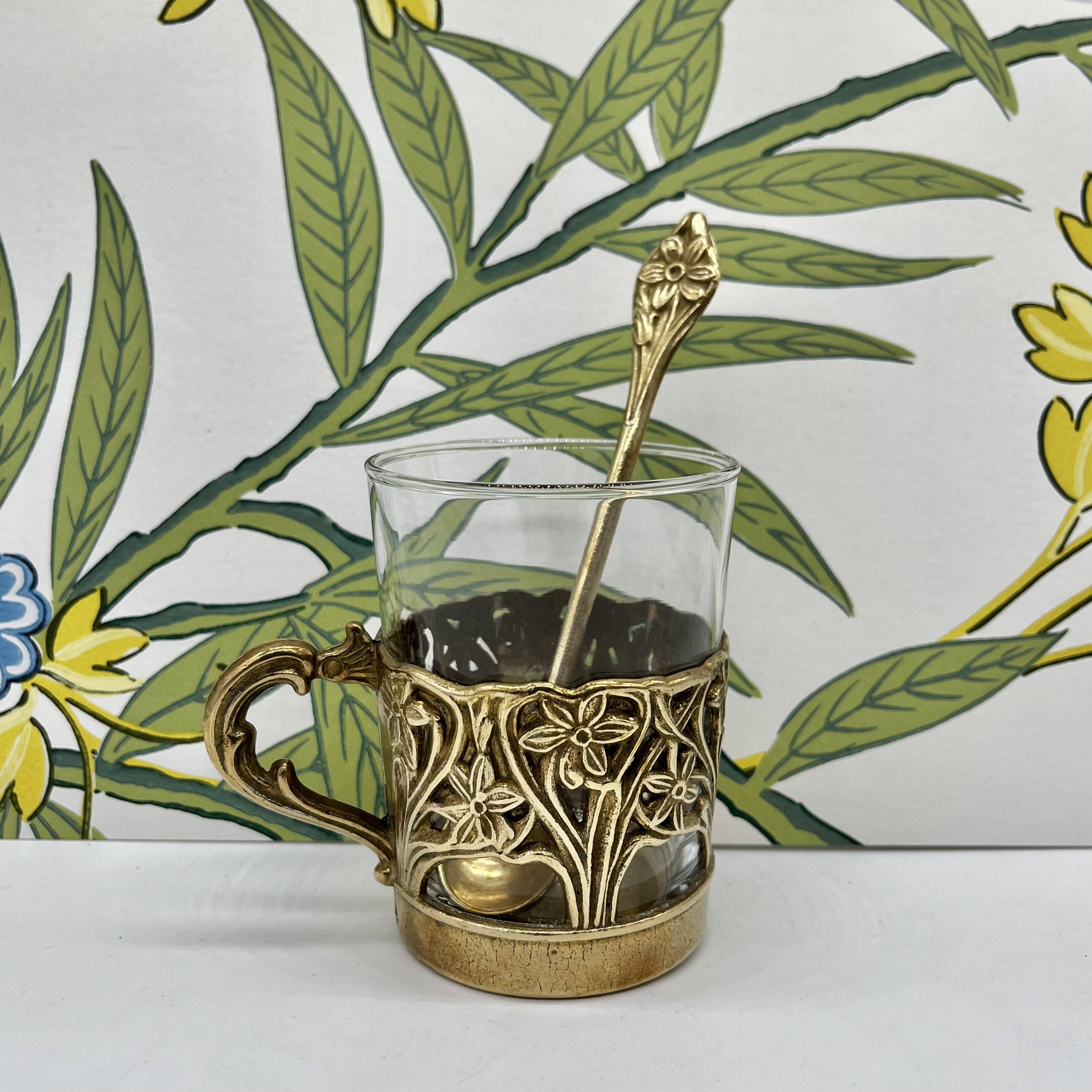 Solid brass teacup and spoon with Art Nouveau flower decor