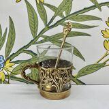 Solid brass teacup and spoon with Art Nouveau flower decor