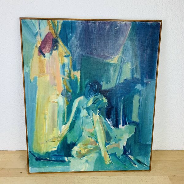 Tableau, huile sur toile contemporaine, femmes bleues