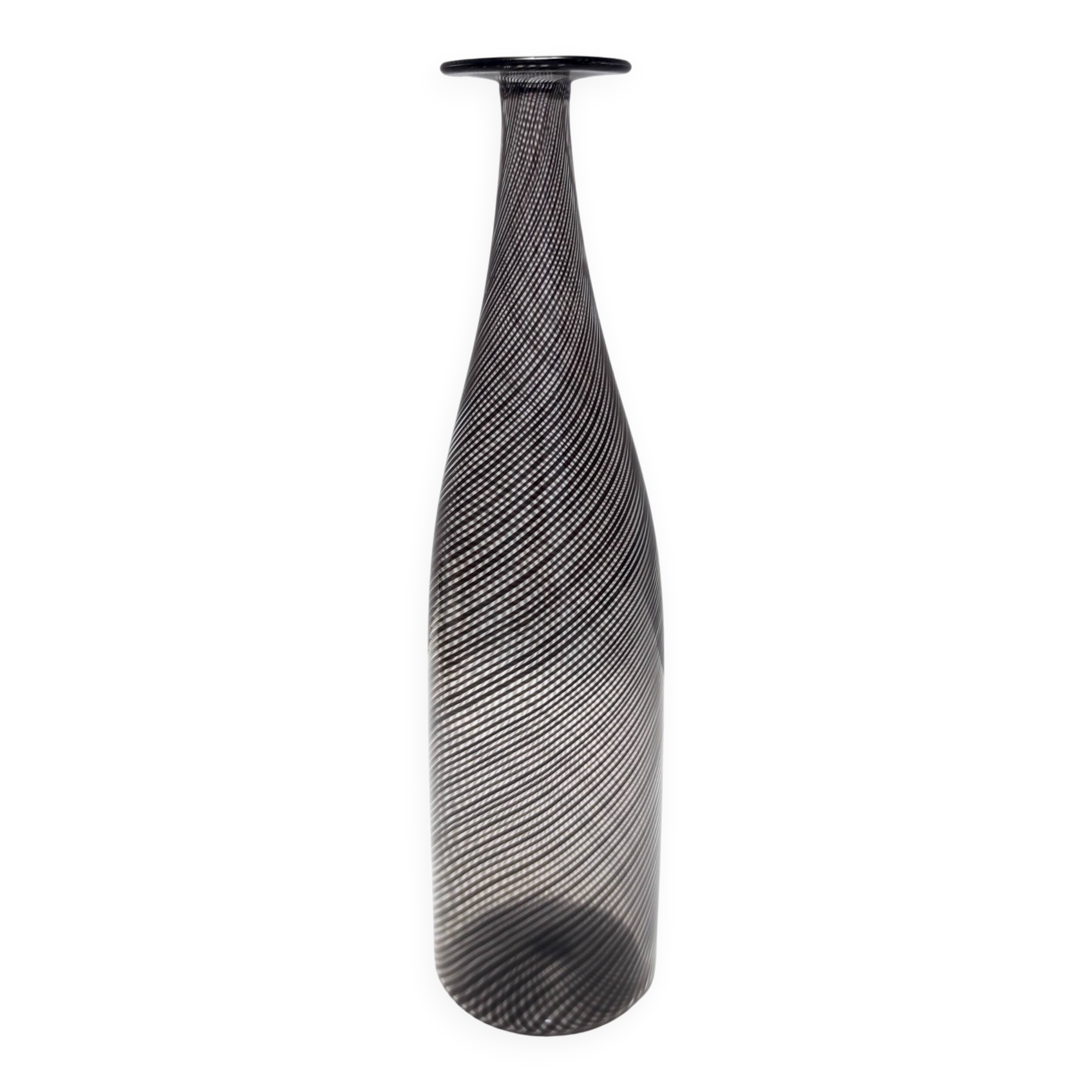 Black Murano Glass Bottle Vase "Mezza Filigrana" by Martens for Aureliano T