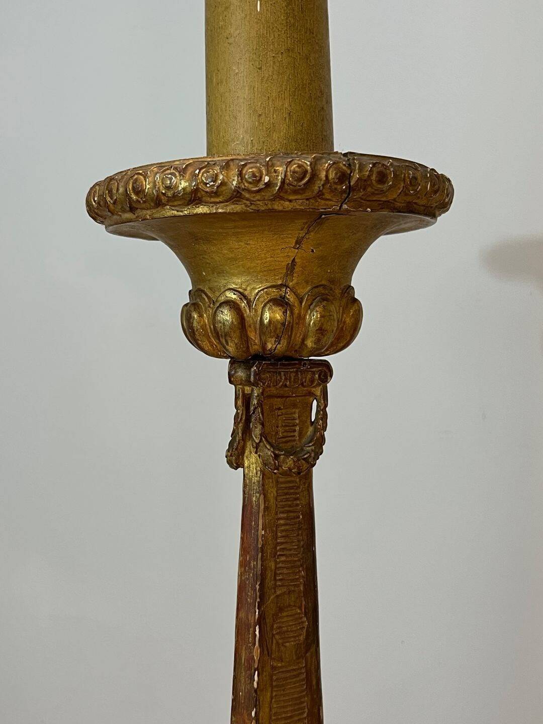 Large Gilded Carved Wooden Candelabrum on Patinated Base, French Work, v