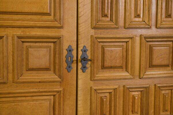 Large 4-door sideboard in solid oak and wrought iron, rustic style, 1960s