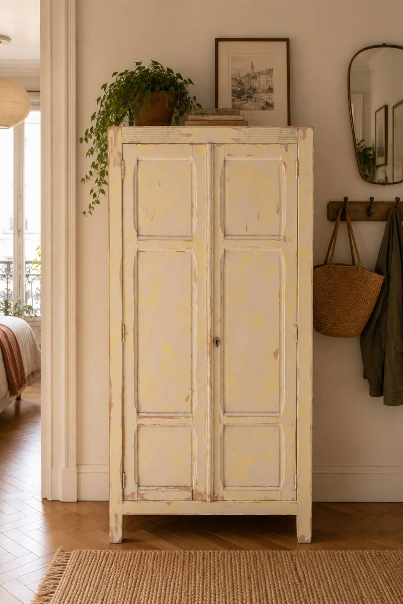 Small antique wardrobe patinated in beige and yellow.