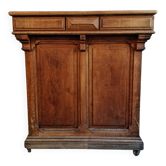 Comptoir de magasin ancien en chêne français, îlot de cuisine sur roulettes, vers 1880–1900
