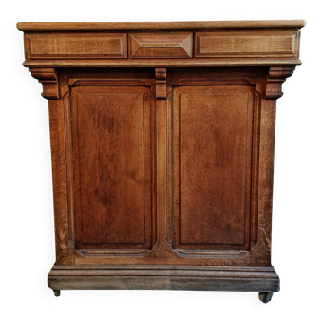 Antique French oak shop counter, kitchen island on wheels, circa 1880–1900.