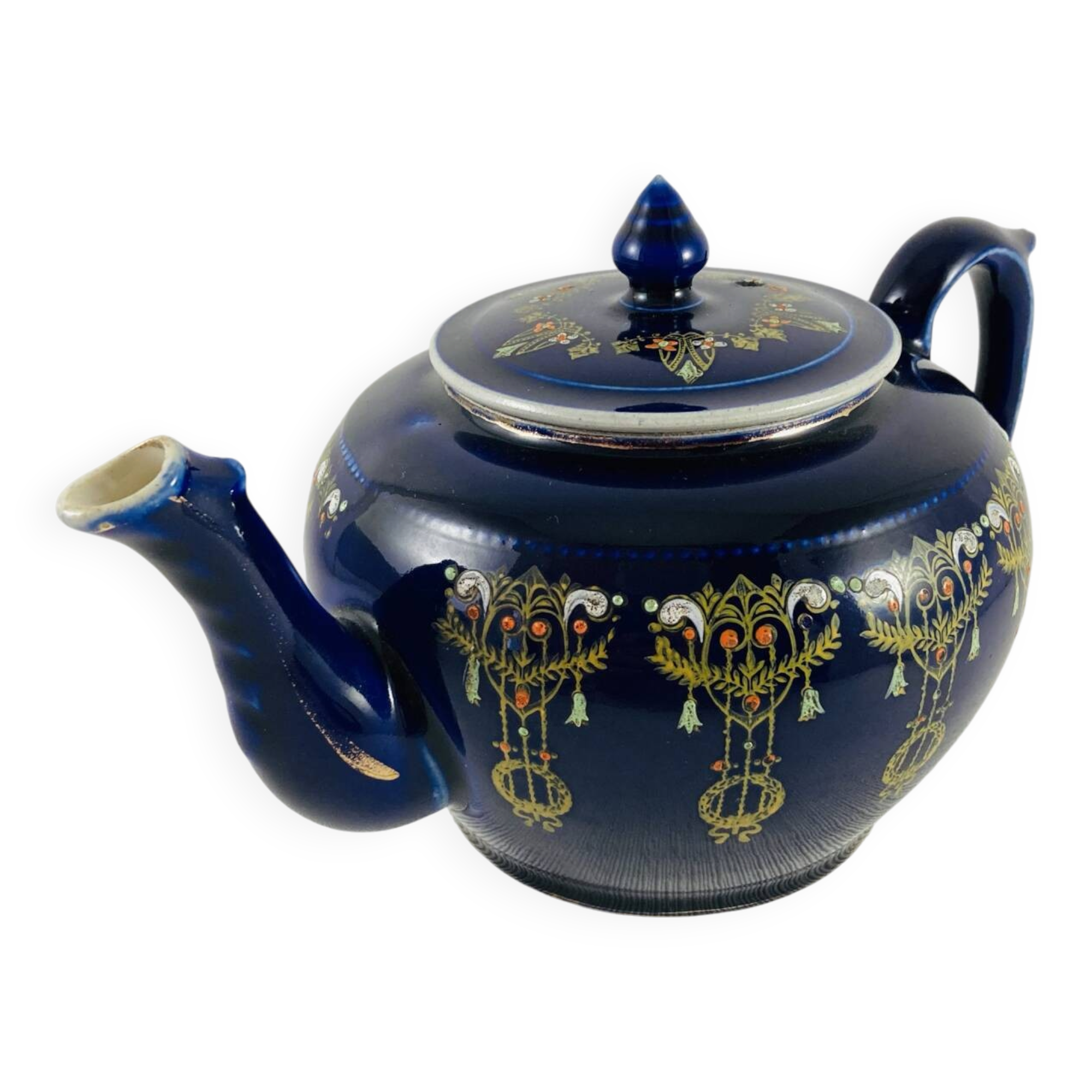 Teapot Earth to Fire Sainte-Uze Cobalt Blue Gold Relief Enamels 19th Century 80cl