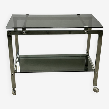 Vintage 80'S trolley / rolling table in silver metal with smoked glass top