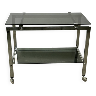 Vintage 80'S trolley / rolling table in silver metal with smoked glass top