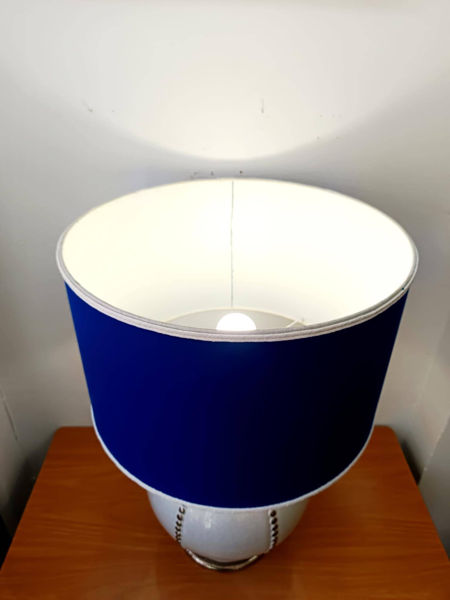 Longwy earthenware lamp and Klein blue lampshade