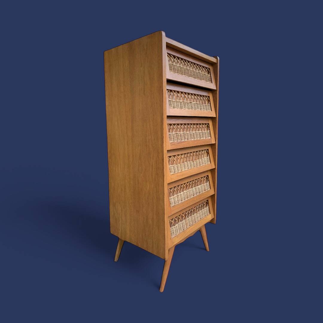 Vintage rattan chiffonier with compass feet 1950