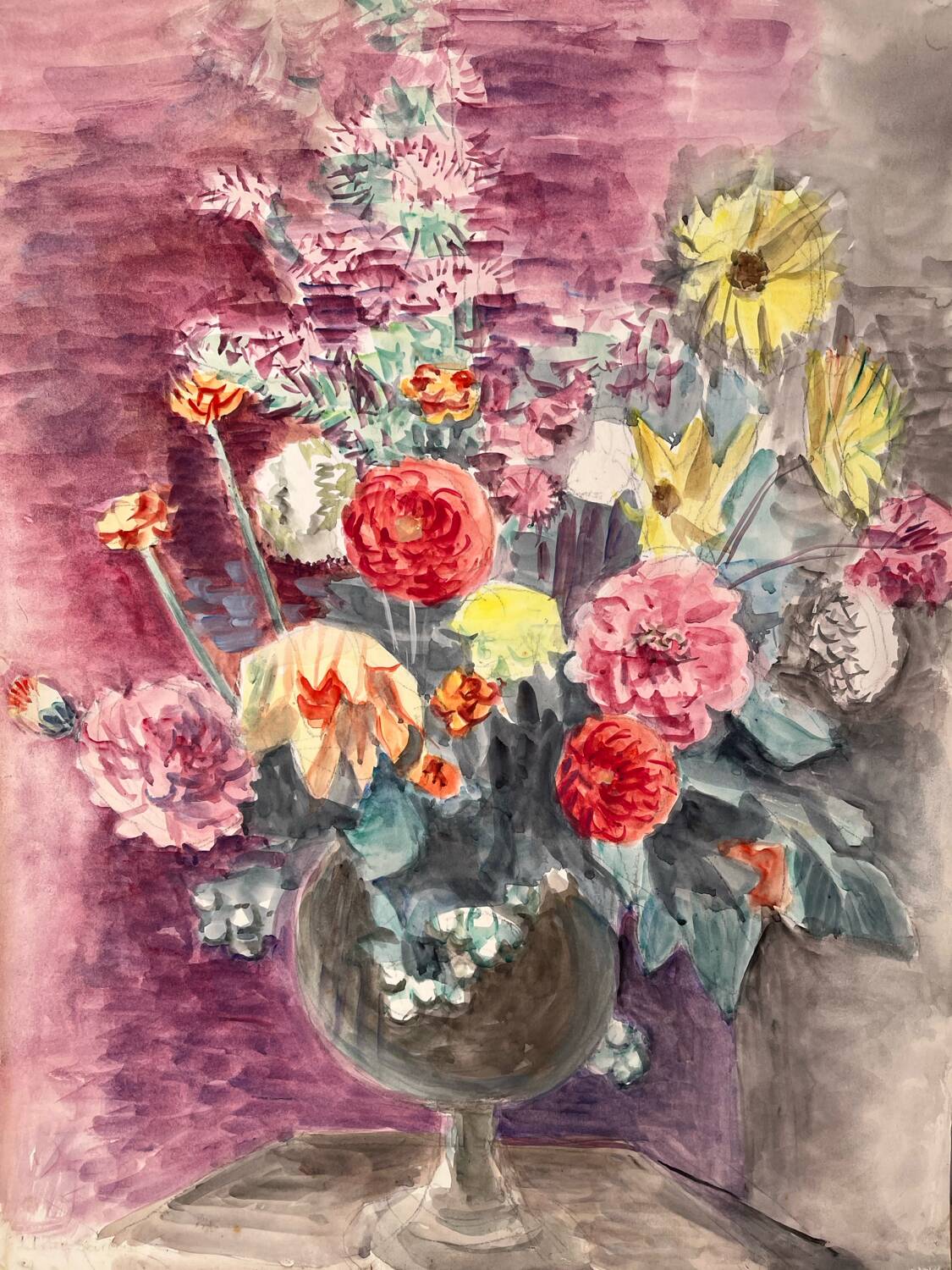 Summer flower bouquet, watercolour on double-sided paper.