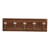 Vintage wall coat rack with 5 ceramic hooks featuring floral patterns - wood