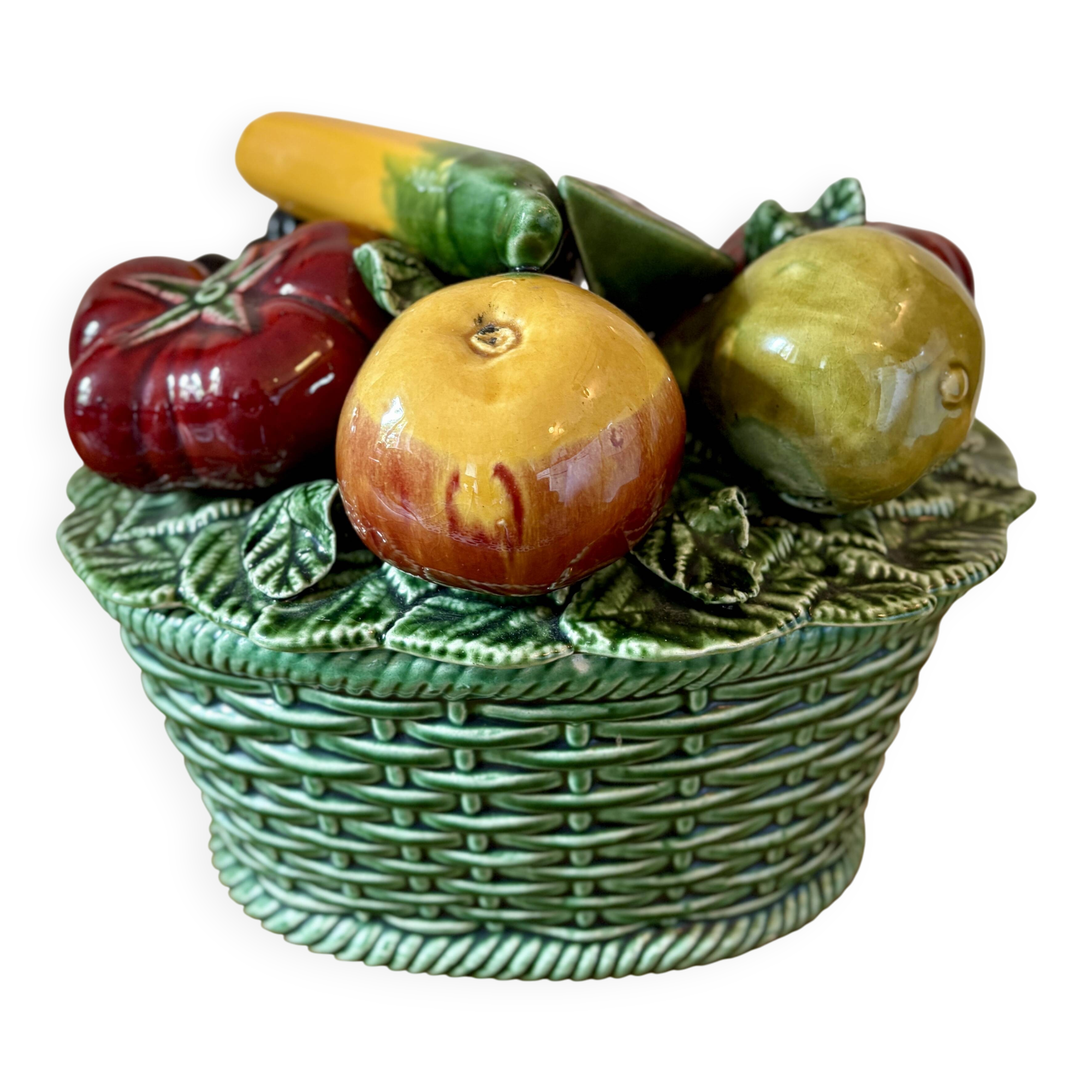 Vintage barbotine dish with fruit decorations