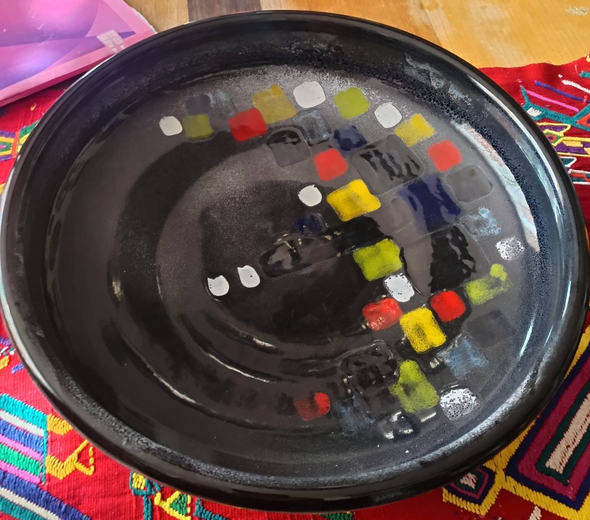 Lacquered Black with Colored Details Ceramic Vide-Poche by Ars Deruta, Ital