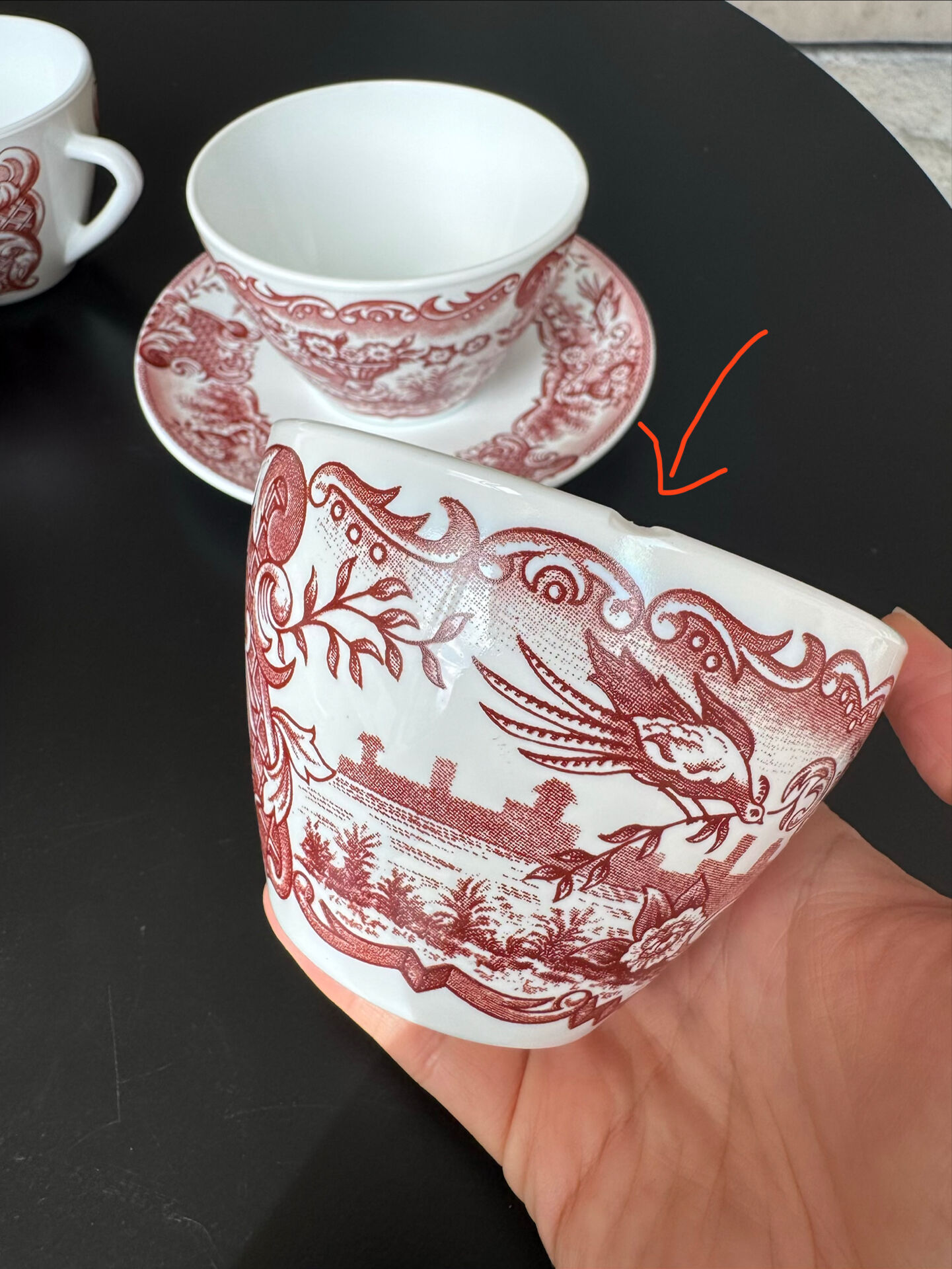 5 cups and 5 saucers Rivanel in red opaline from the 1970s.