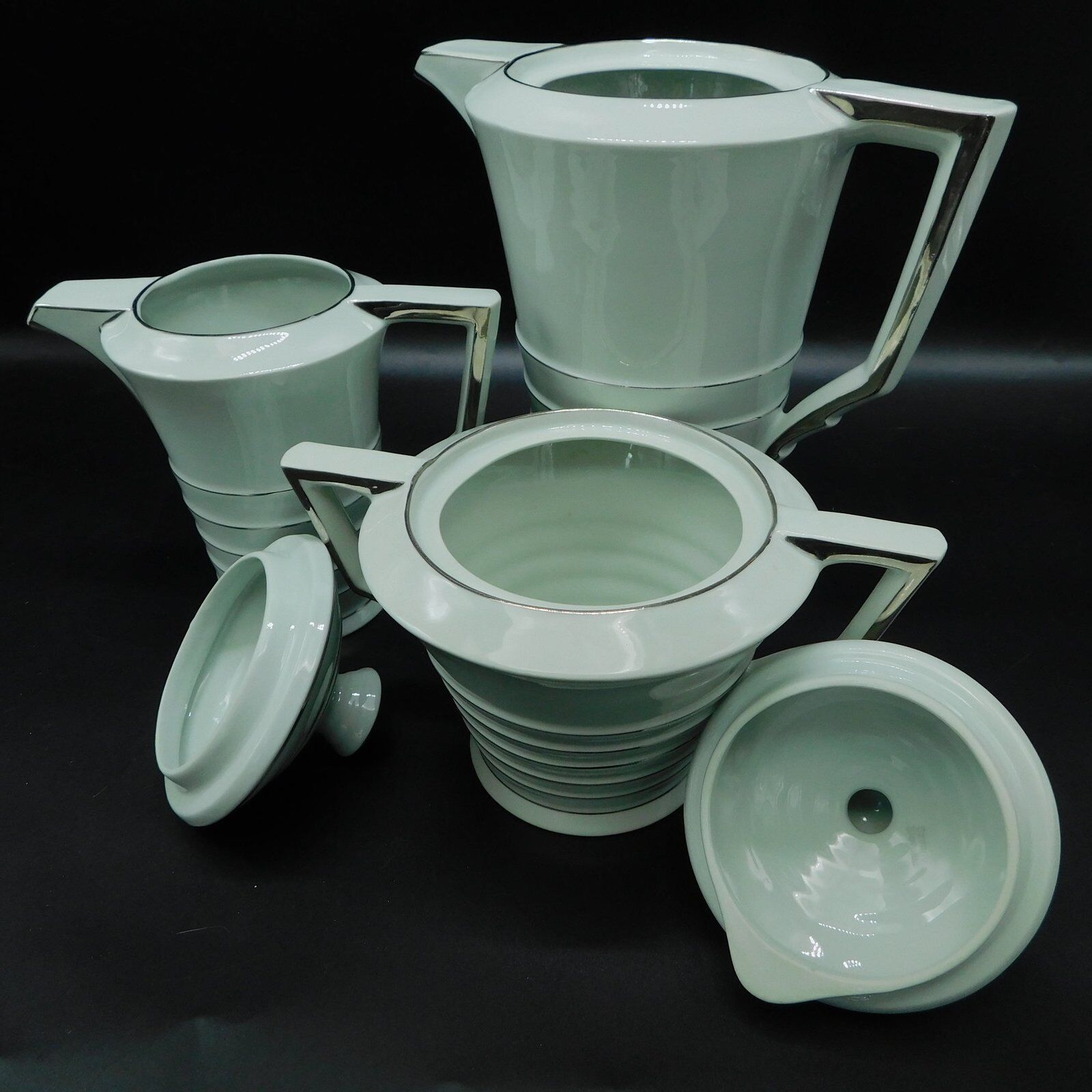 Cafetière, crémier et sucrier, Puls, céladon & argent