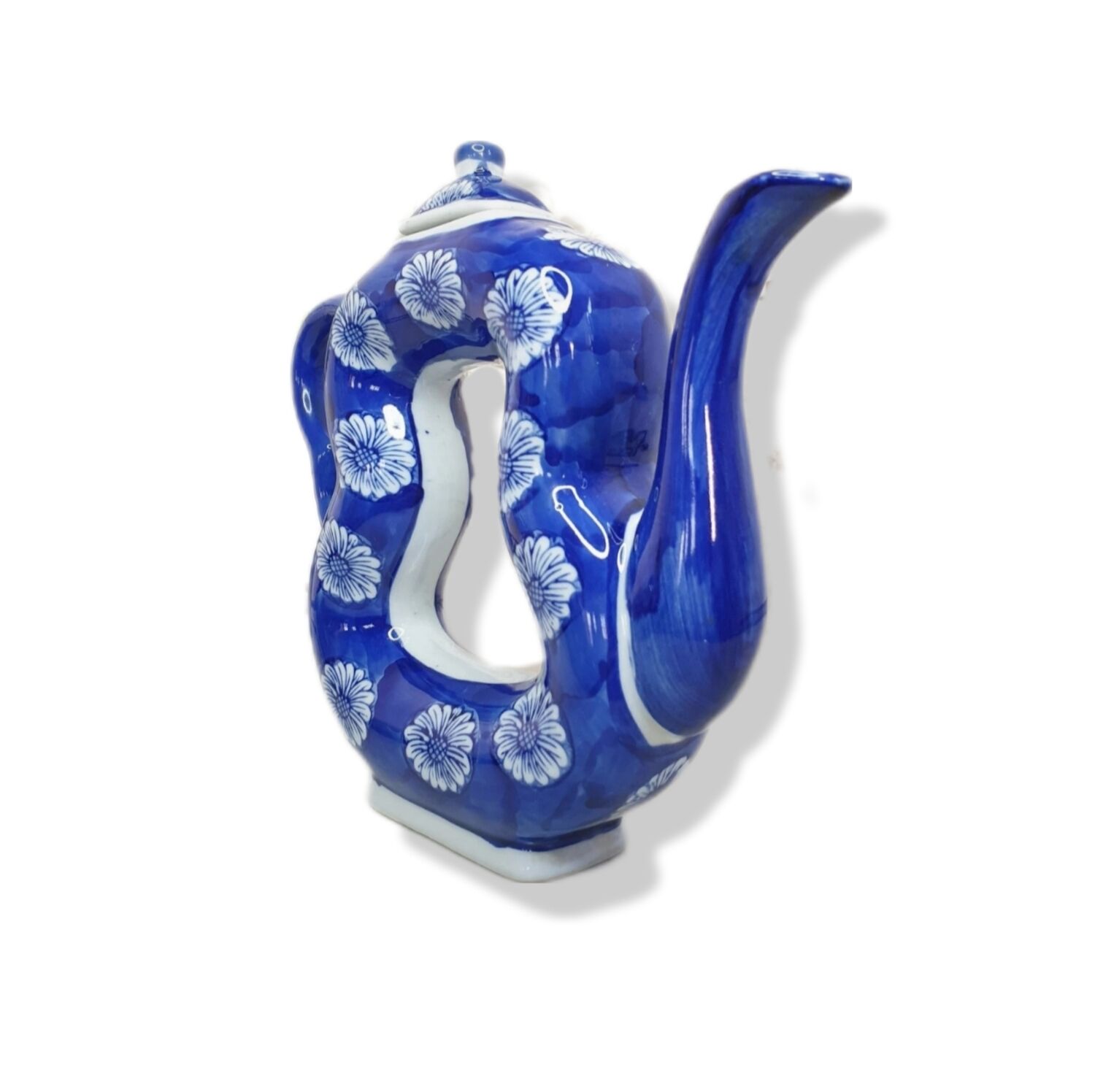 Old Asian teapot in toroidal shape in blue porcelain with floral decoration 20th century