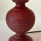 Pretty Turned Wood Lamp, Raspberry Red Color, Linen Lampshade