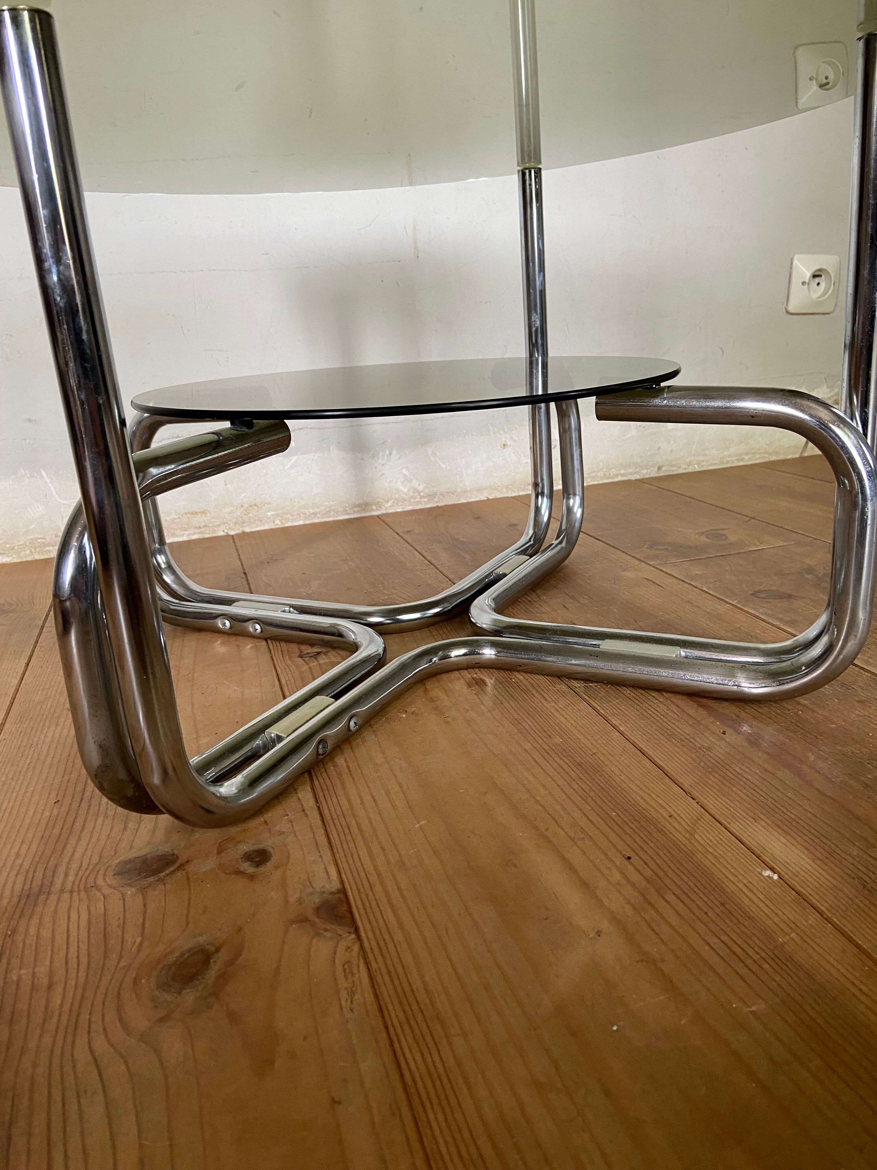 Coffee table chrome and smoked glass round 70s space age