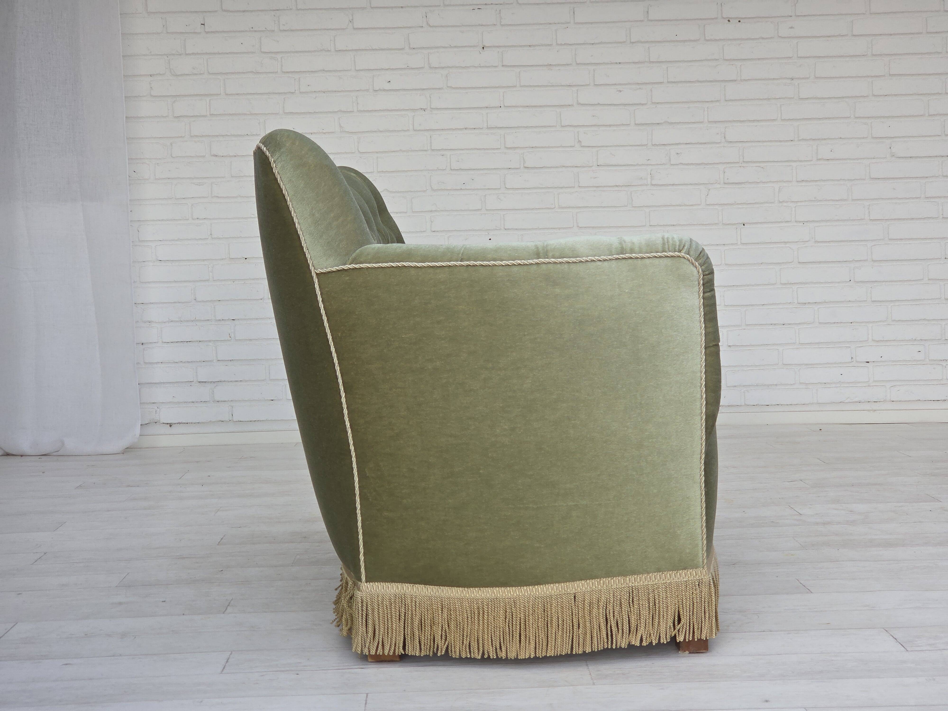 1960s, Danish 2-seater sofa, light green furniture velour, ash wood.