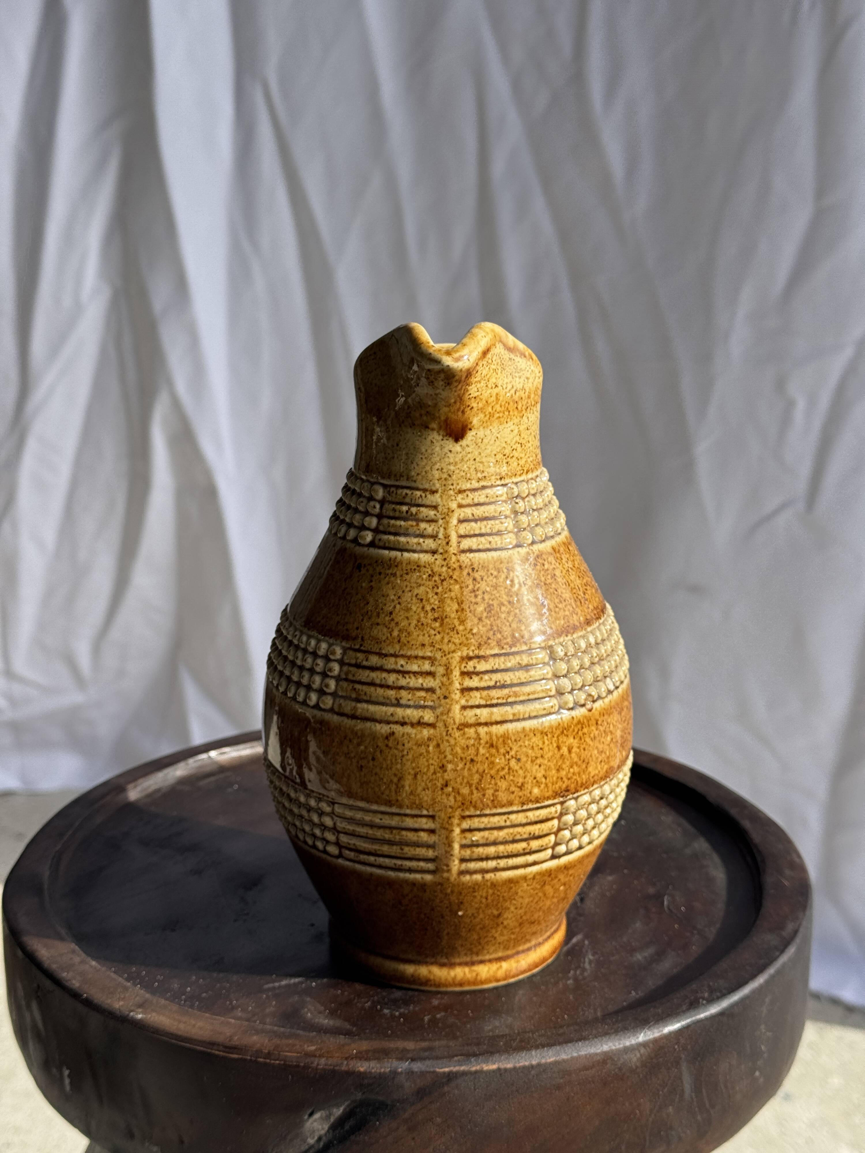 Vintage yellow stoneware carafe with beaded friezes Made in France H22