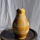 Vintage yellow stoneware carafe with beaded friezes Made in France H22