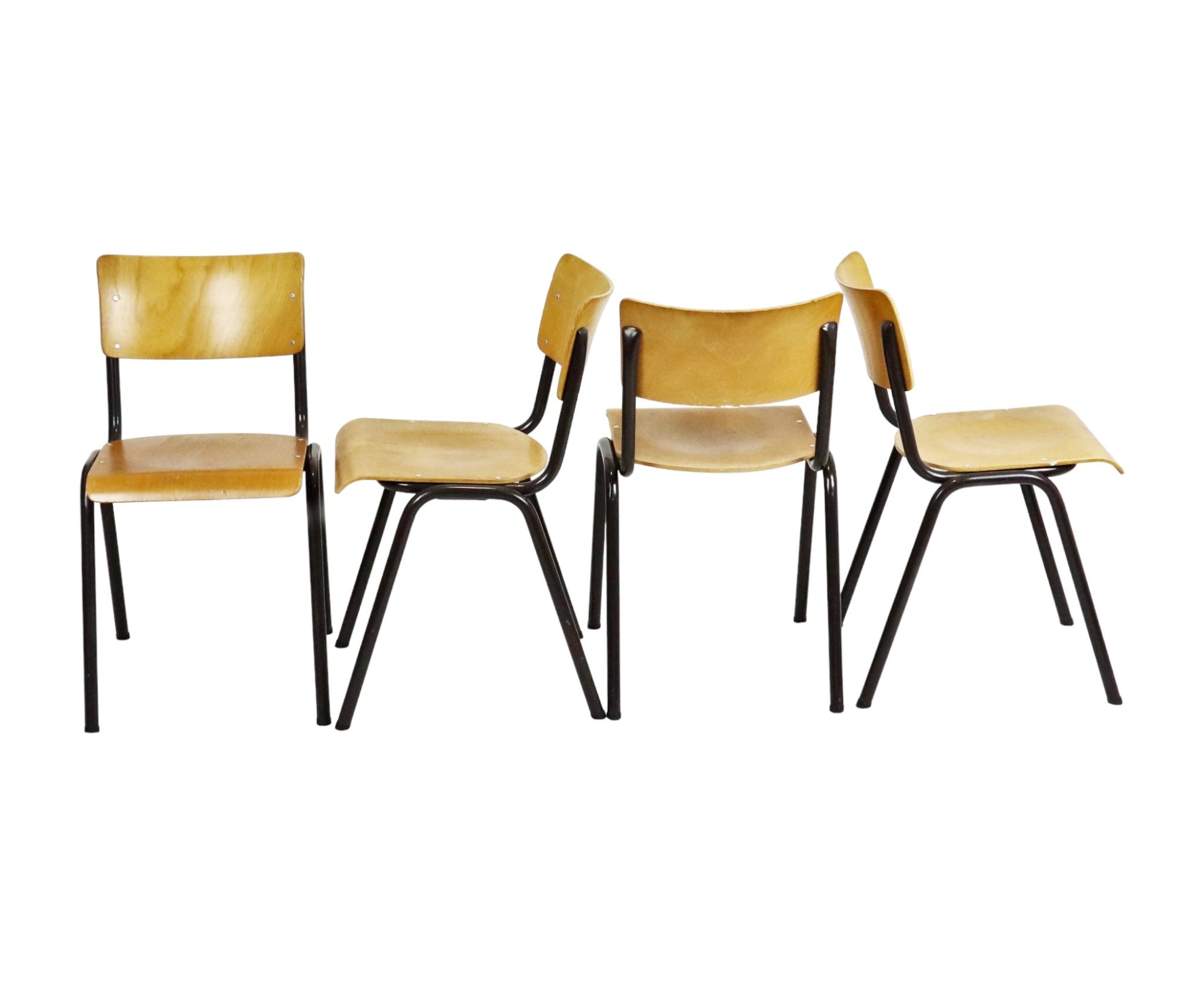 Vintage School Canteen Chairs 1970s Wood and Metal Set of 4
