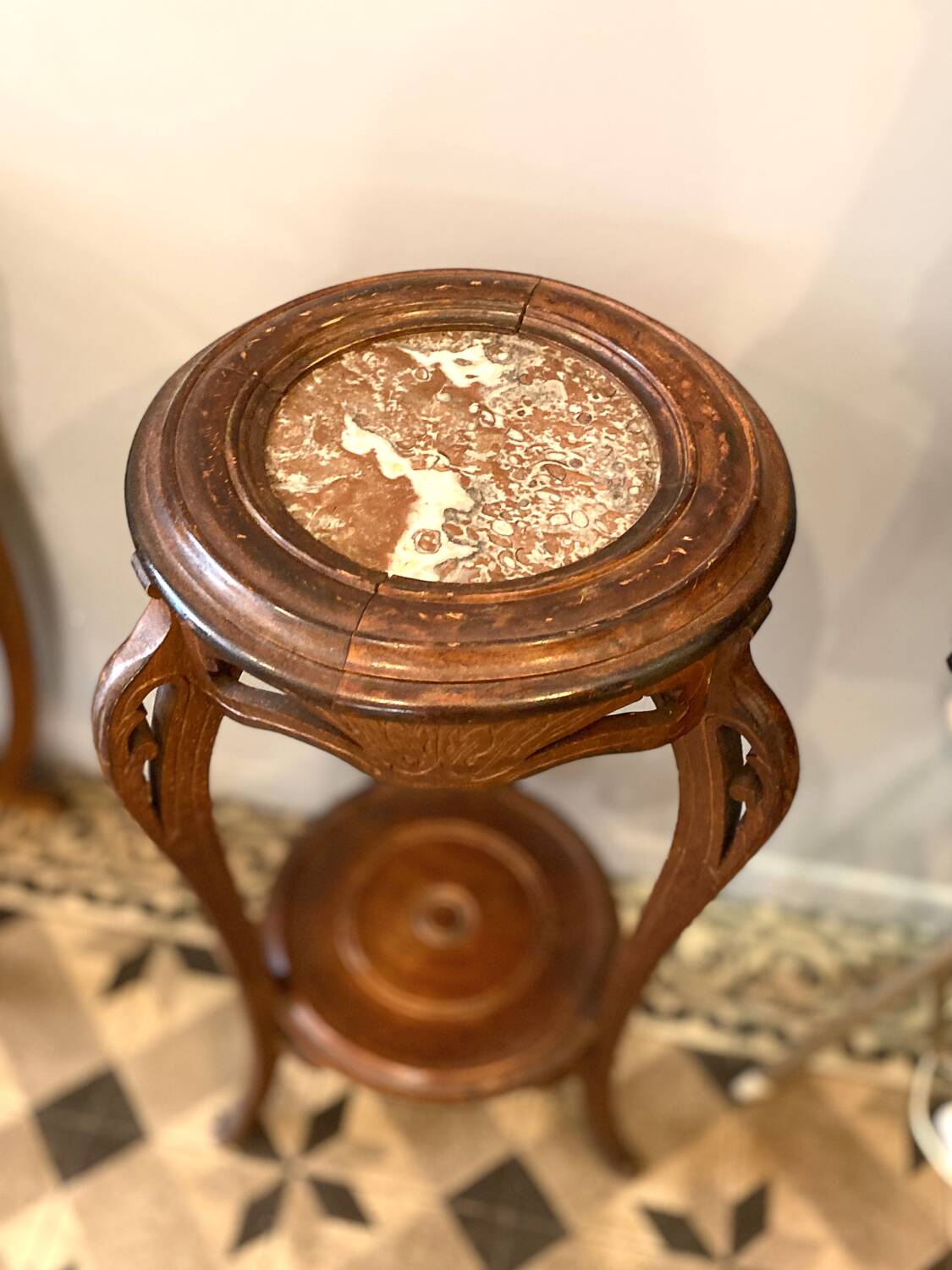 Art Nouveau wooden and marble stool