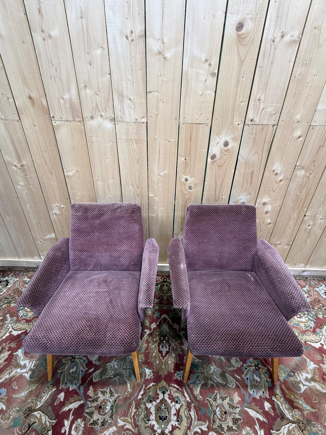 Pair of lounge chairs – 1950s/60s – Karl Laible – Oak and velvet