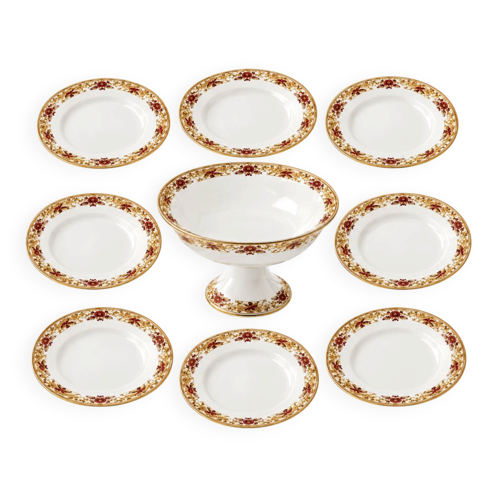 Porcelain service MG early 20th century 8 plates and 1 compote.