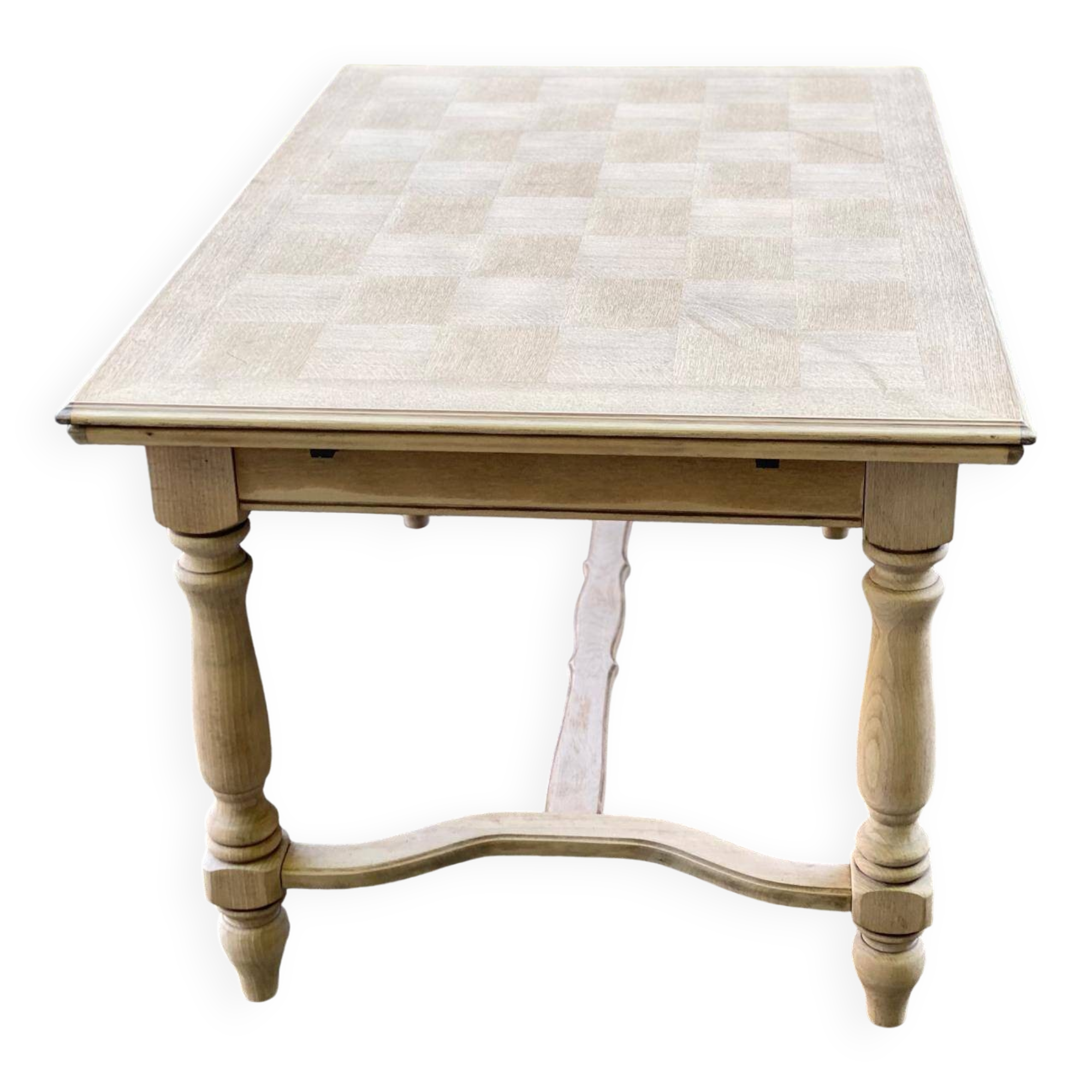 Extendable rectangular farmhouse table renovated oak and marquetry 255cm