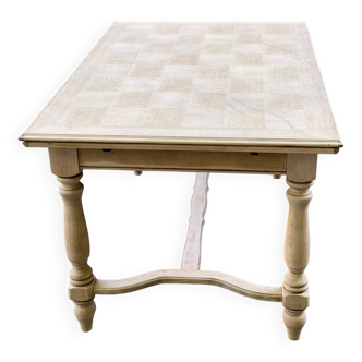 Extendable rectangular farmhouse table renovated oak and marquetry 255cm