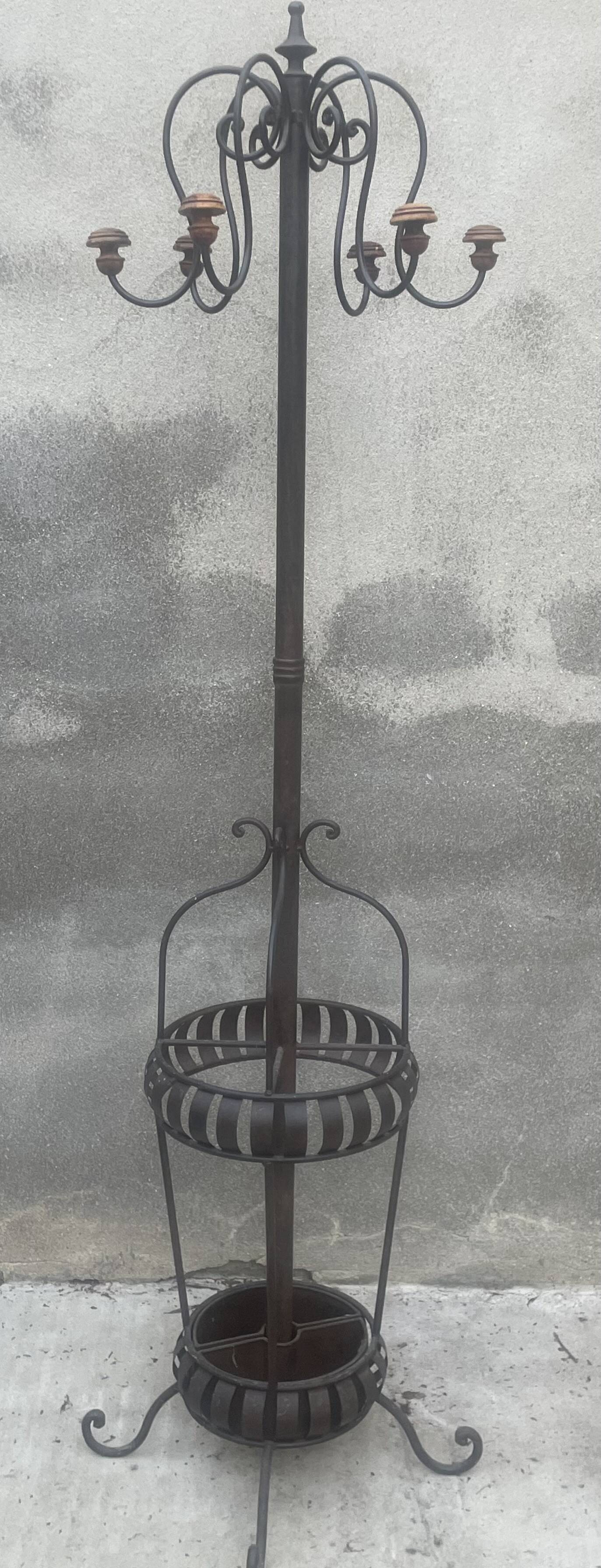 Coat rack called jellyfish, umbrella cane holder, iron and wood bistro parrot