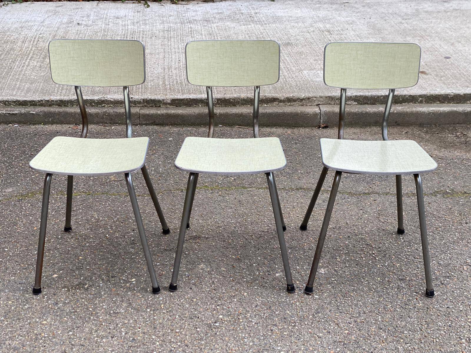 Set of 3 light green formica chairs by Plastilux from the 1950s.