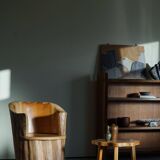 Sculptural stump chair, Brutalism, Wabi Sabi in solid pine, Swedish, 1968.