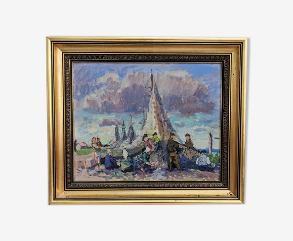Peinture à l’huile encadrée vintage du milieu du siècle - Séchage des filets