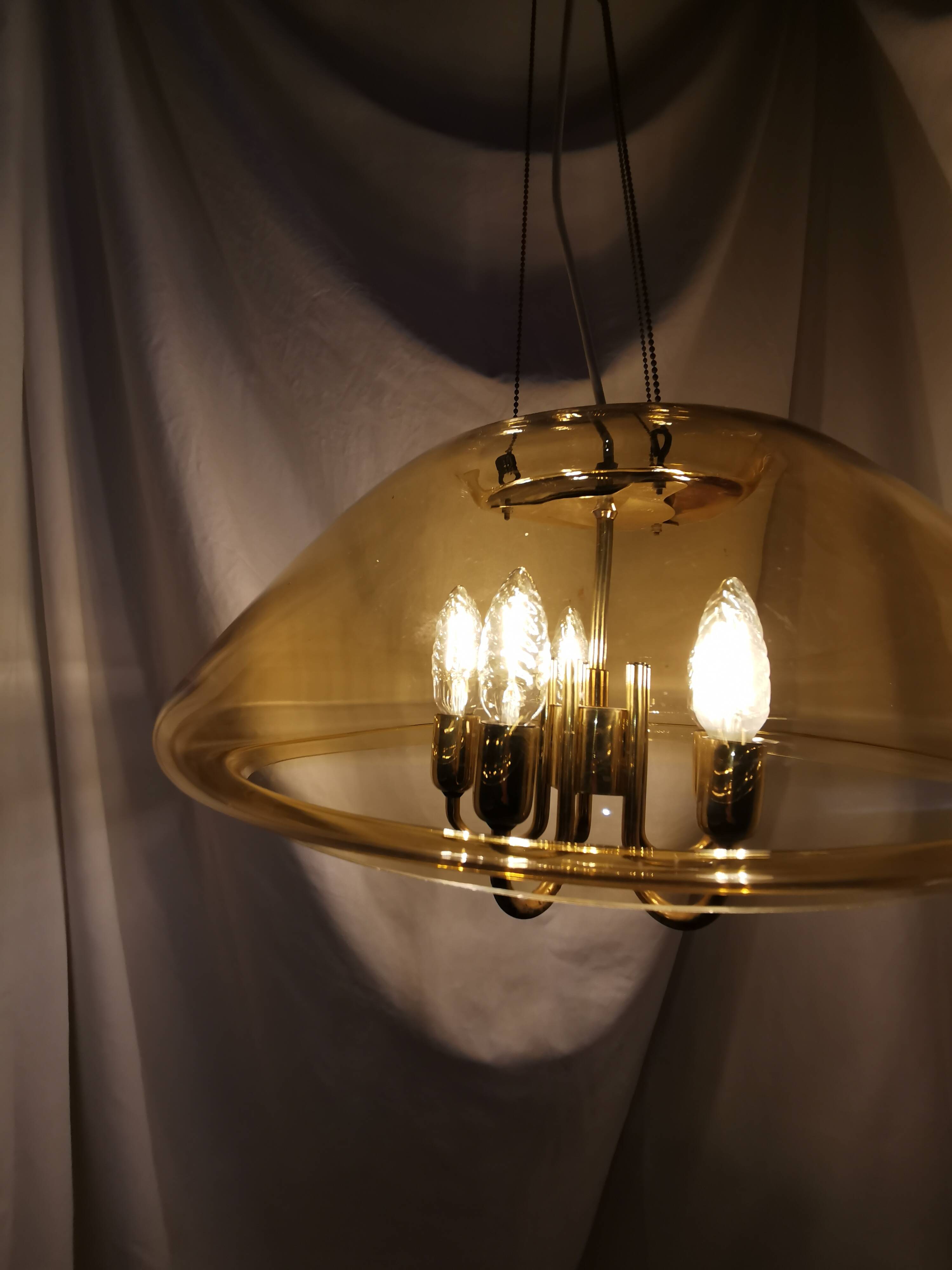 Large chandelier in brass and smoked glass, six branches, space age, baroque, Italy, 1970.