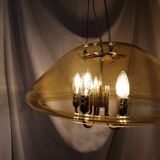 Large chandelier in brass and smoked glass, six branches, space age, baroque, Italy, 1970.